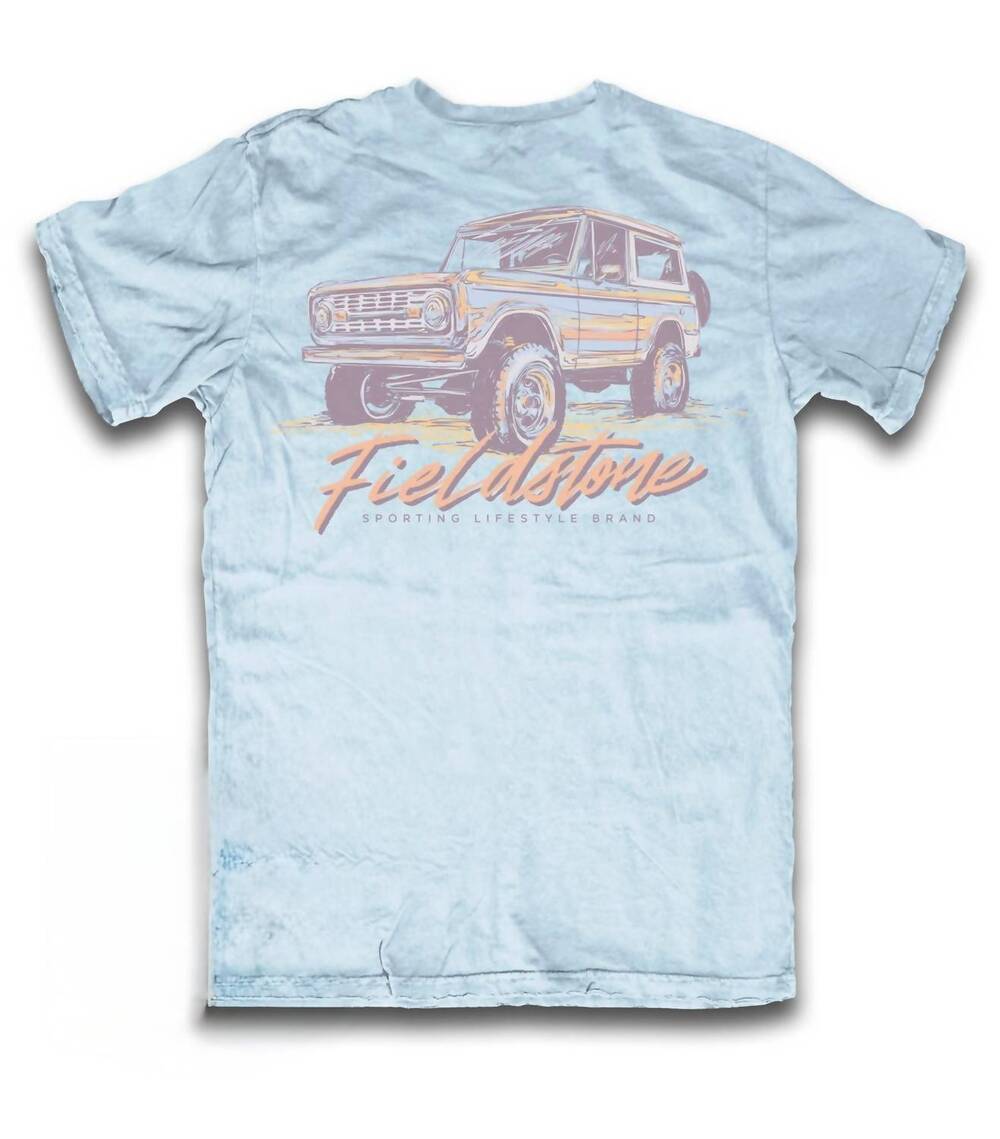NEW FIELDSTONE men's neon bronco tee in light blue
